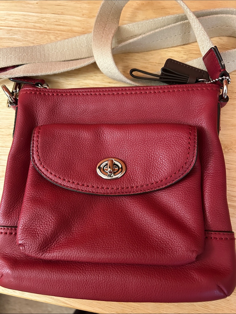 Coach Small Pebbled Leather Crossbody in Burgundy with Canvas Strap - Picture 4 of 11